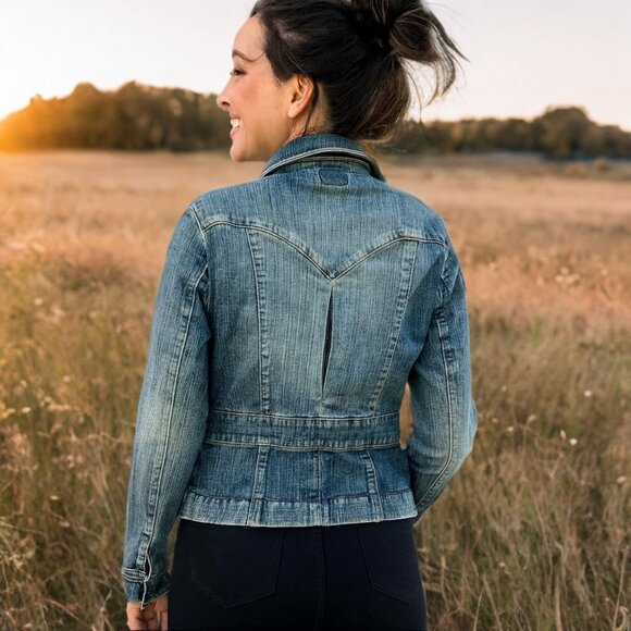 Jill Stuart Jeans Vintage Front Zip Denim Jacket V-Neck Classic Jean Blazer - Picture 4 of 11